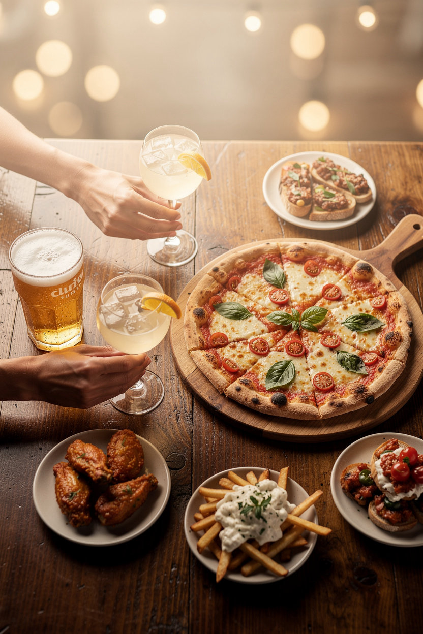The Lion's Den happy hour specials with cold drinks and fresh pizza appetizers